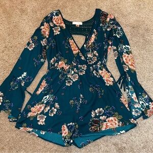 Band of Gypsies Teal Floral Long Sleeve Romper